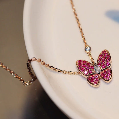 [⭐Luxery]BUTTERFLY RED DIAMOND ROSE GOLD NECKLACE