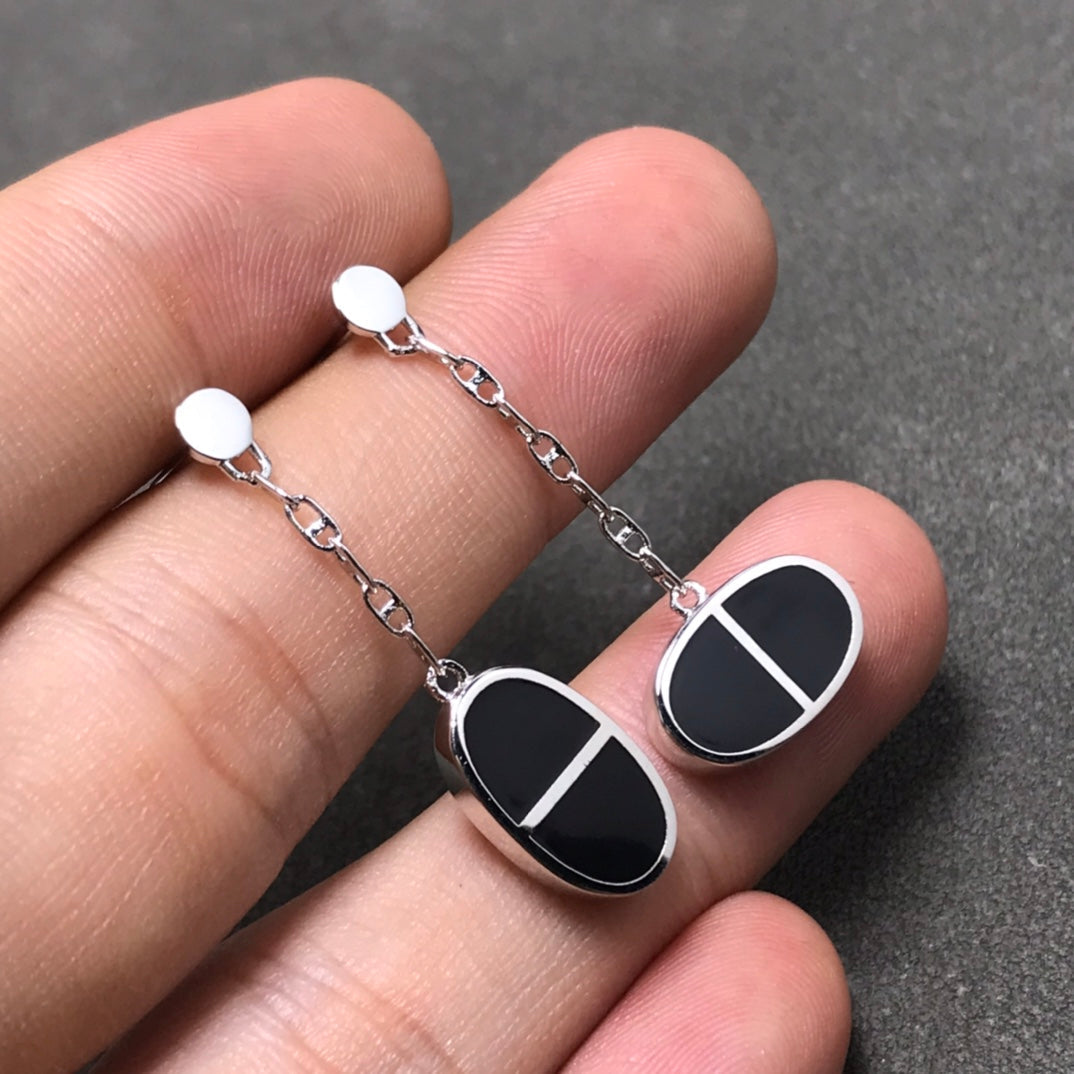 [⭐Luxery]CHAINE VERSO BLACK CERAMIC SILVER EARRINGS