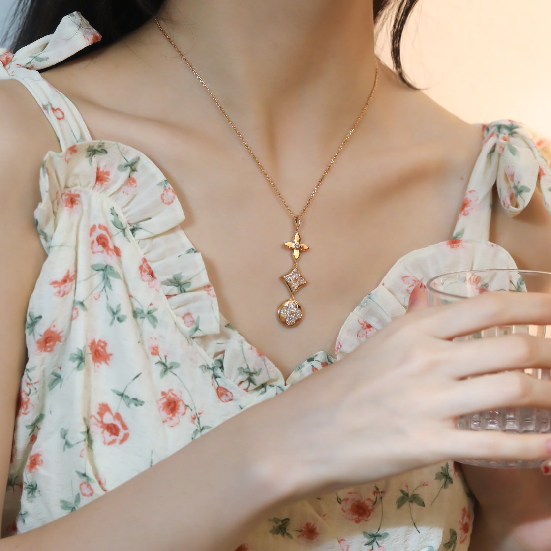 [⭐Luxery]STAR AND SUN DIAMOND PINK GOLD NECKLACE