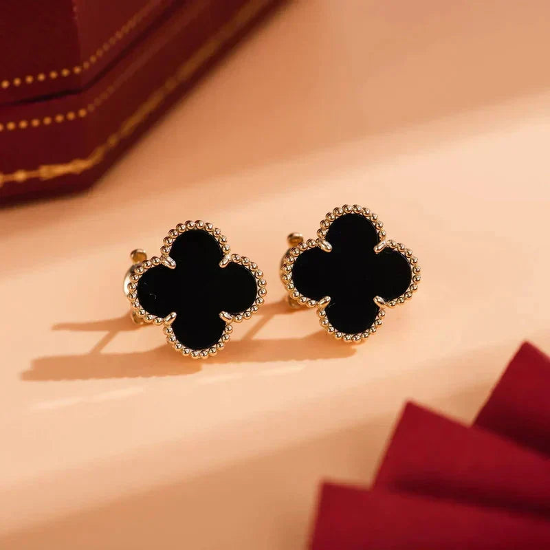 [⭐Luxery]CLOVER MEDIUM 1 MOTIFS  ONYX STUD EARRINGS