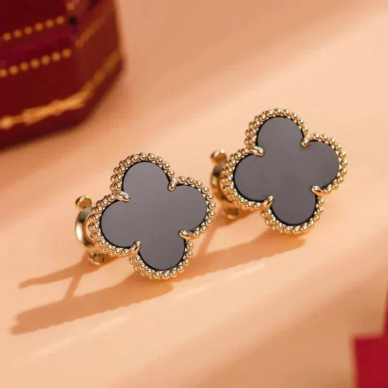 [⭐Luxery]CLOVER MEDIUM 1 MOTIFS  ONYX STUD EARRINGS