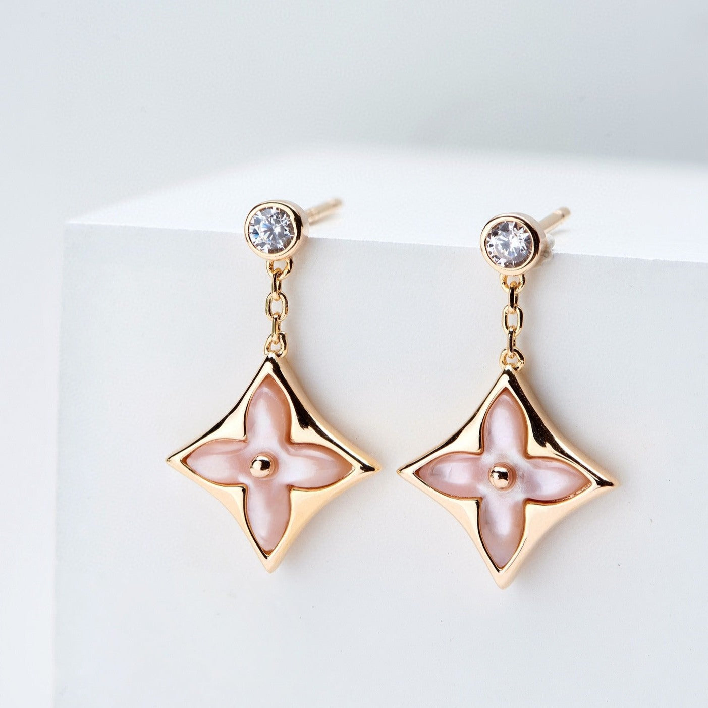 [⭐Luxery]DOUBLE STAR PINK GOLD MOP DROP EARRINGS