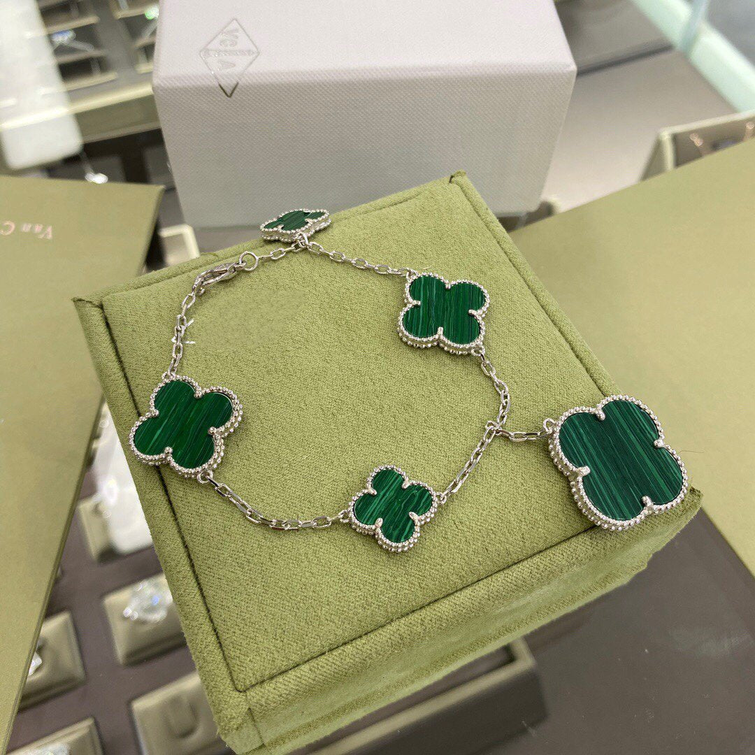 [⭐Luxery]CLOVER 5 MOTIFS SIVLER MALACHITE BRACELET