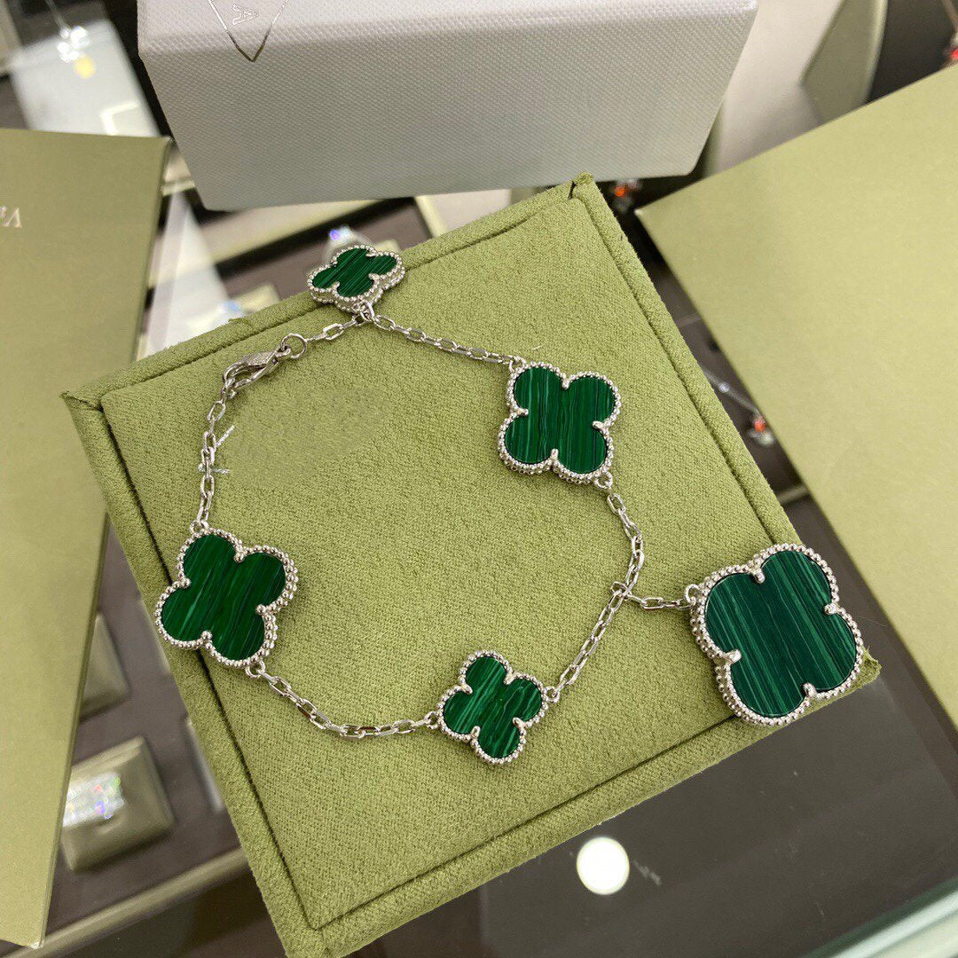[⭐Luxery]CLOVER 5 MOTIFS SIVLER MALACHITE BRACELET