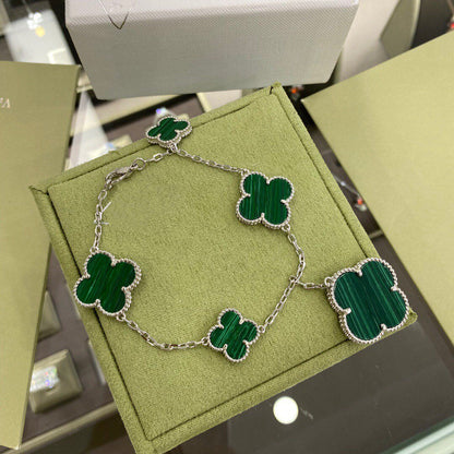 [⭐Luxery]CLOVER 5 MOTIFS SIVLER MALACHITE BRACELET