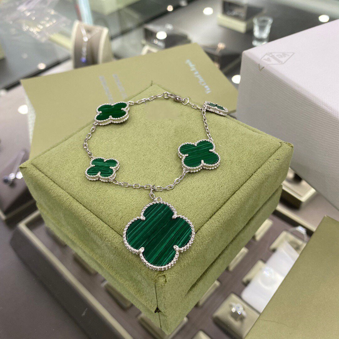 [⭐Luxery]CLOVER 5 MOTIFS SIVLER MALACHITE BRACELET