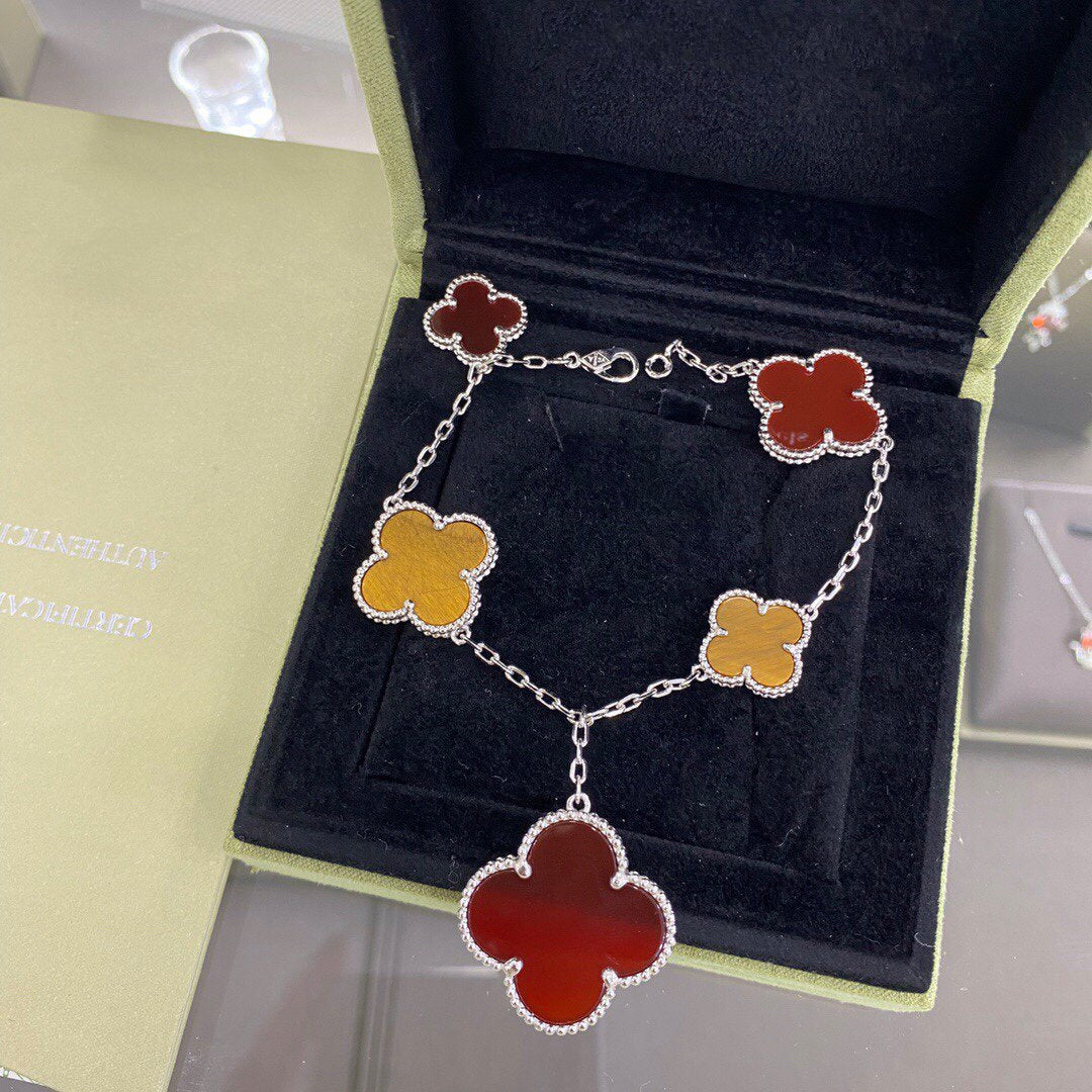 [⭐Luxery]CLOVER 5 MOTIFS SIVLER CARNELIAN TIGER EYE BRACELET
