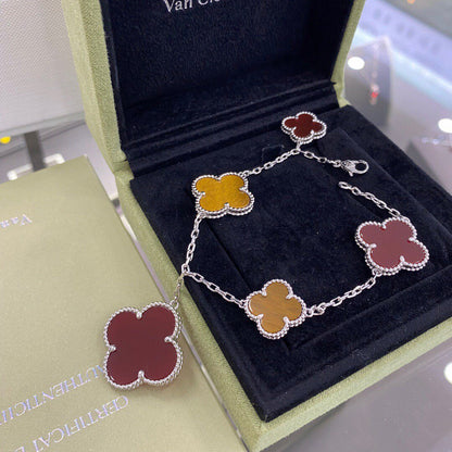 [⭐Luxery]CLOVER 5 MOTIFS SIVLER CARNELIAN TIGER EYE BRACELET