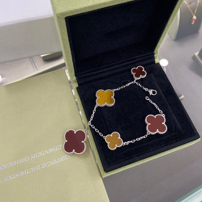 [⭐Luxery]CLOVER 5 MOTIFS SIVLER CARNELIAN TIGER EYE BRACELET