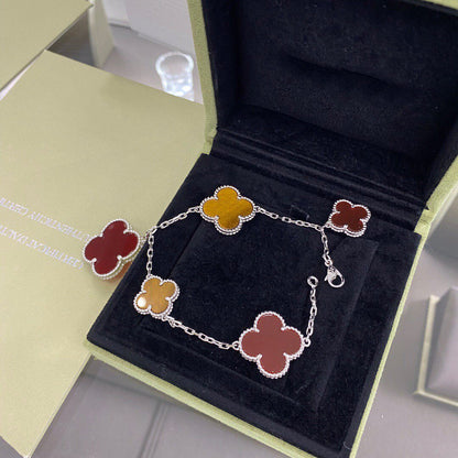 [⭐Luxery]CLOVER 5 MOTIFS SIVLER CARNELIAN TIGER EYE BRACELET