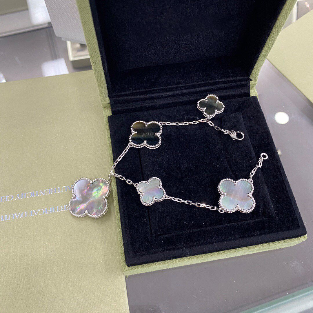 [⭐Luxery]CLOVER 5 MOTIFS SIVLER DARK MOP BRACELET