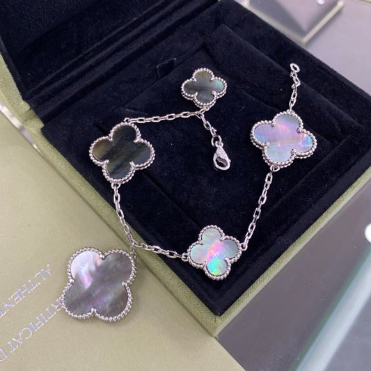 [⭐Luxery]CLOVER 5 MOTIFS SIVLER DARK MOP BRACELET