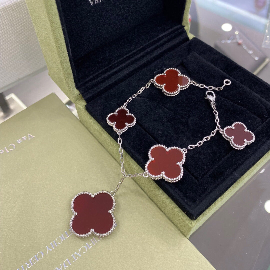 [⭐Luxery]CLOVER 5 MOTIFS SIVLER CARNELIAN BRACELET