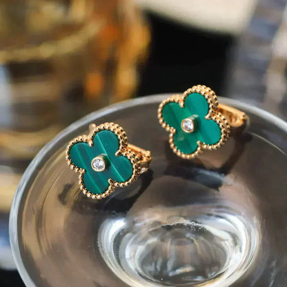 [⭐Luxery]CLOVER MEDIUM 1 MOTIFS MALACHITE DIAMOND EARRINGS