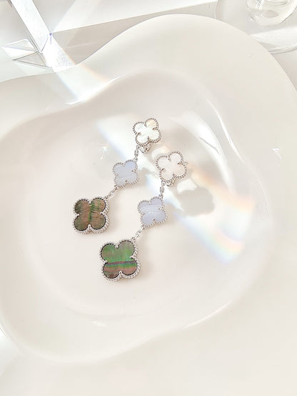 [⭐Luxery]CLOVER 3 MOTIFS CHALCEDONY DARK MOP SILVER EARRINGS