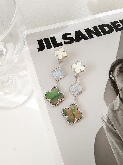 [⭐Luxery]CLOVER 3 MOTIFS CHALCEDONY DARK MOP SILVER EARRINGS