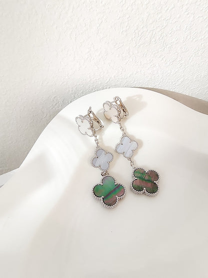 [⭐Luxery]CLOVER 3 MOTIFS CHALCEDONY DARK MOP SILVER EARRINGS