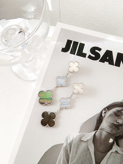 [⭐Luxery]CLOVER 3 MOTIFS CHALCEDONY DARK MOP SILVER EARRINGS