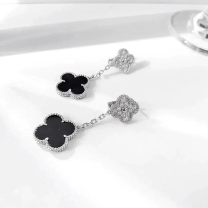 [⭐Luxery]CLOVER 2 MOTIFS  DIAMOND ONYX EARRINGS SILVER
