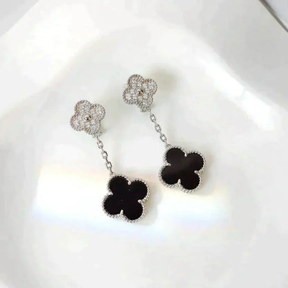 [⭐Luxery]CLOVER 2 MOTIFS  DIAMOND ONYX EARRINGS SILVER