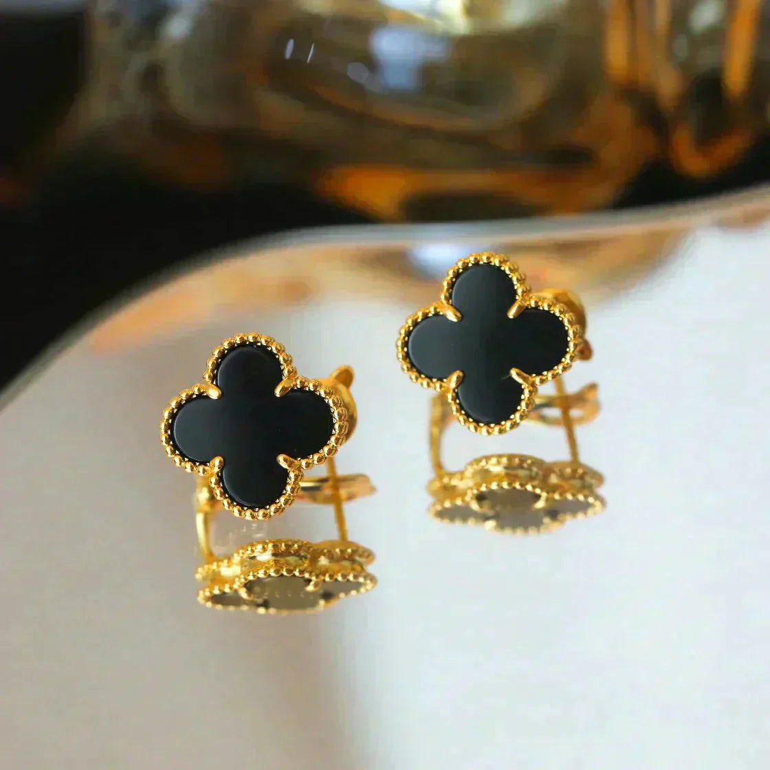 [⭐Luxery]CLOVER MEDIUM 1 MOTIFS  ONYX STUD EARRINGS