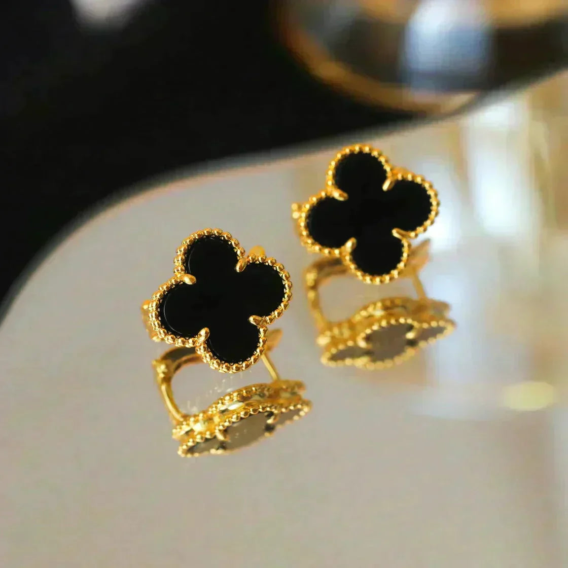 [⭐Luxery]CLOVER MEDIUM 1 MOTIFS  ONYX STUD EARRINGS
