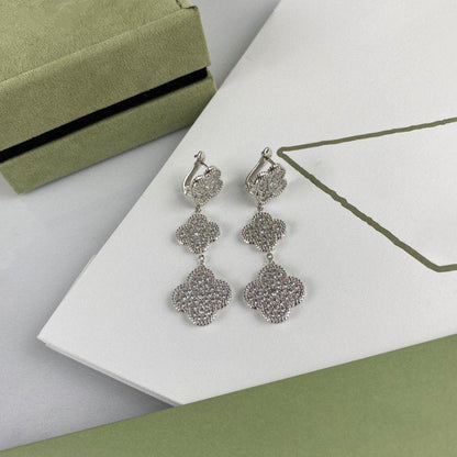 [⭐Luxery]CLOVER 3 MOTIF DIAMOND SILVER DROP EARRINGS