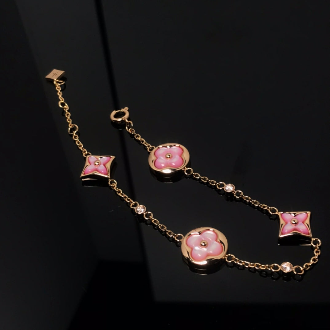 [⭐Luxery]STAR AND SUN 4 MOTIF PINK MOP PINK GOLD BRACELET