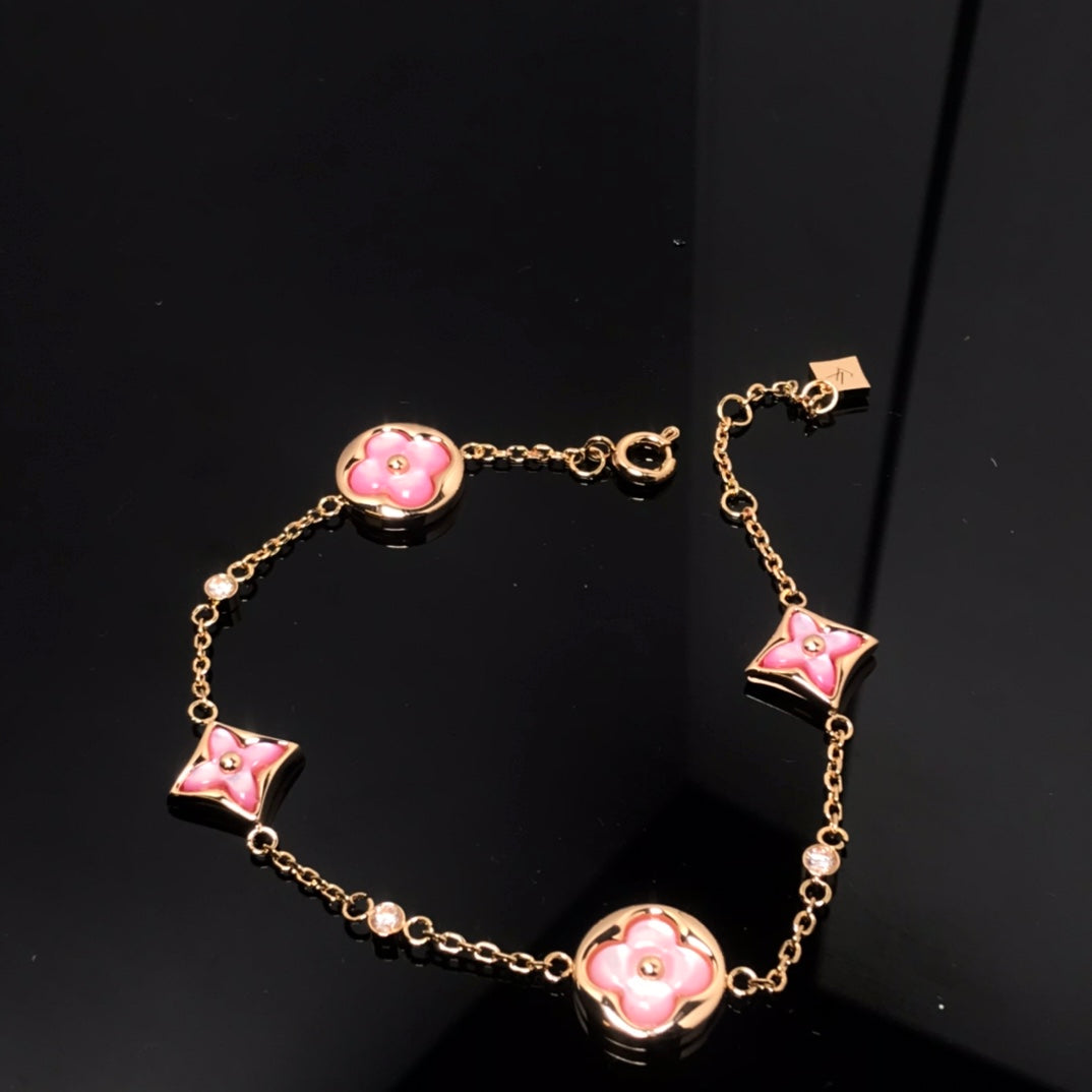 [⭐Luxery]STAR AND SUN 4 MOTIF PINK MOP PINK GOLD BRACELET