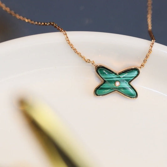 [⭐Luxery]JEUX MALACHITE 1 DIAMOND PINK GOLD NECKLACE