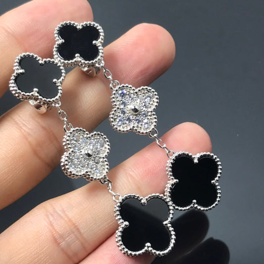 [⭐Luxery]CLOVER 3 MOTIF DIAMOND ONYX SILVER EARRINGS