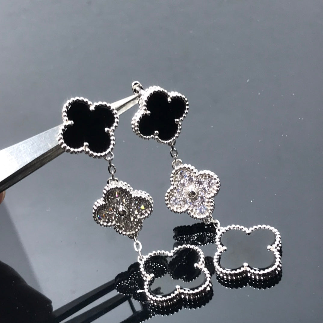 [⭐Luxery]CLOVER 3 MOTIF DIAMOND ONYX SILVER EARRINGS