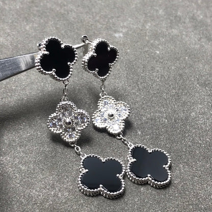 [⭐Luxery]CLOVER 3 MOTIF DIAMOND ONYX SILVER EARRINGS