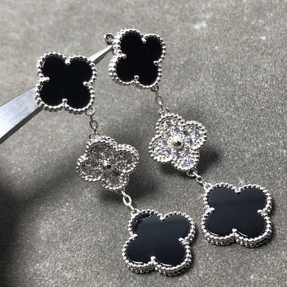 [⭐Luxery]CLOVER 3 MOTIF DIAMOND ONYX SILVER EARRINGS
