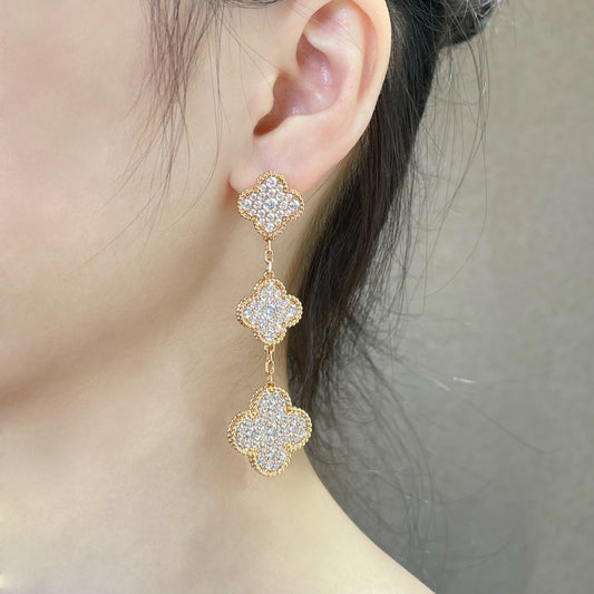 [⭐Luxery]CLOVER 3 MOTIFS DIAMOND PAVED ROSE GOLD EARRINGS