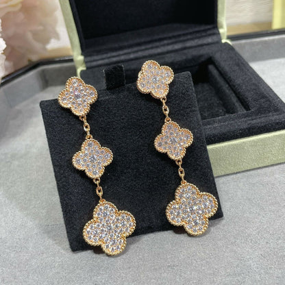 [⭐Luxery]CLOVER 3 MOTIFS DIAMOND PAVED ROSE GOLD EARRINGS