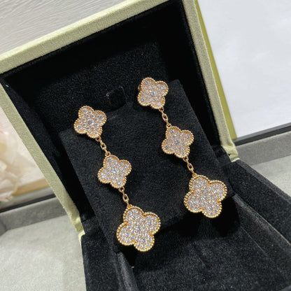 [⭐Luxery]CLOVER 3 MOTIFS DIAMOND PAVED ROSE GOLD EARRINGS