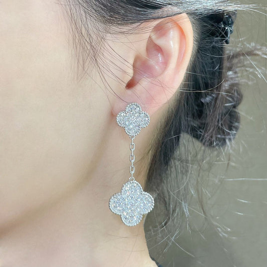 [⭐Luxery]CLOVER 2 MOTIFS DIAMOND PAVED SILVER EARRINGS
