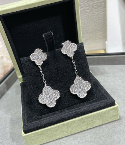 [⭐Luxery]CLOVER 2 MOTIFS DIAMOND PAVED SILVER EARRINGS
