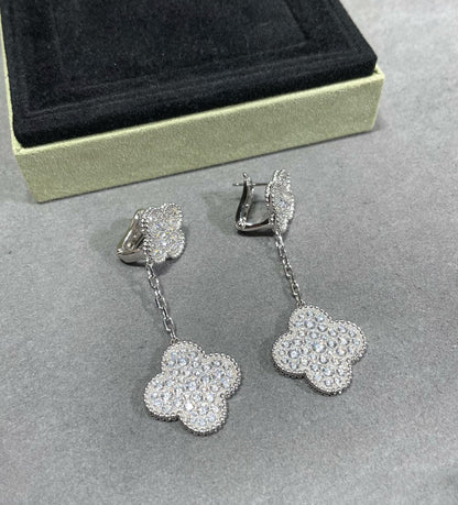 [⭐Luxery]CLOVER 2 MOTIFS DIAMOND PAVED SILVER EARRINGS