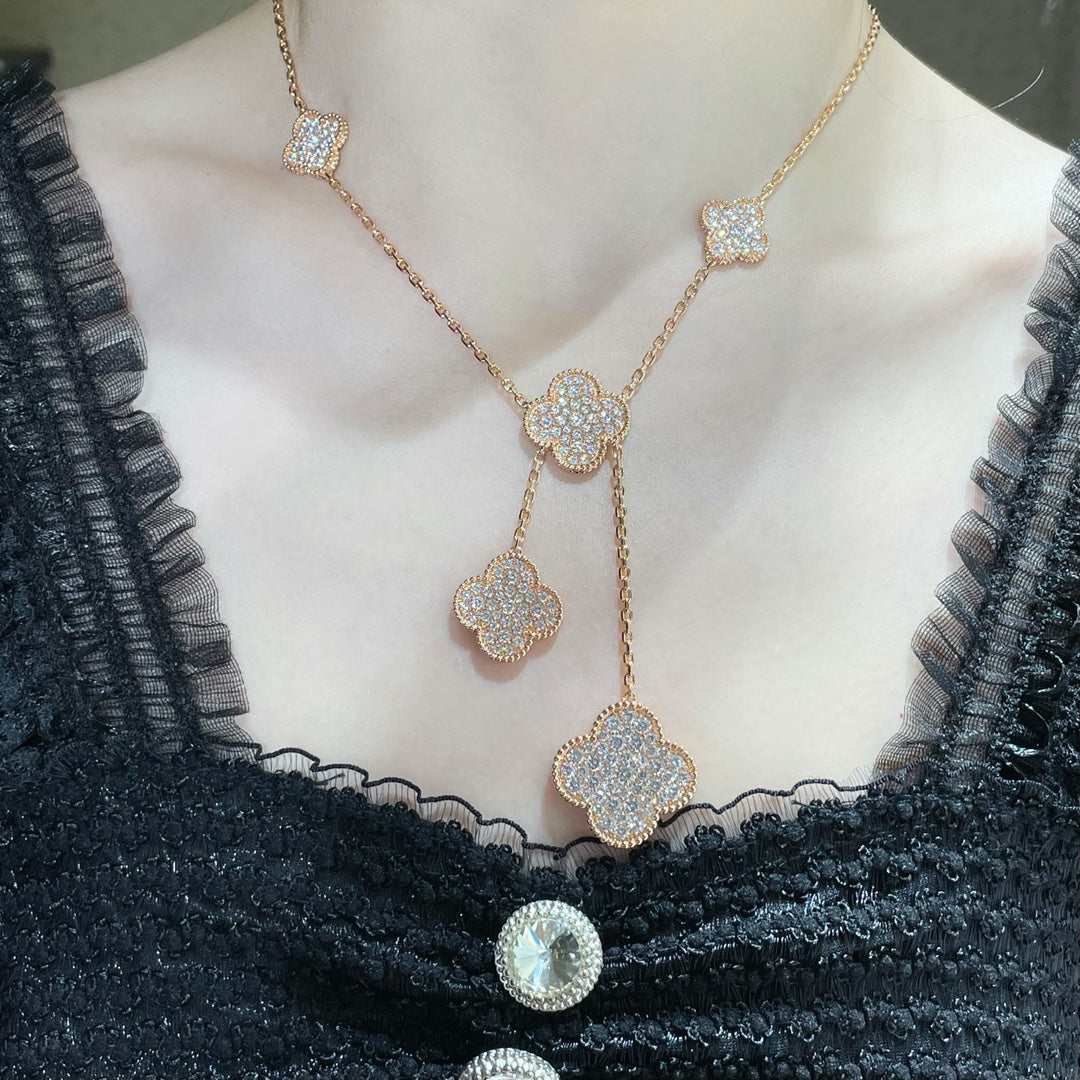 [⭐Luxery]CLOVER 6 MOTIF DIAMOND PAVED NECKLACE