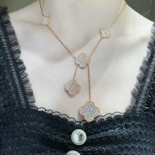 [⭐Luxery]CLOVER 6 MOTIF DIAMOND PAVED NECKLACE