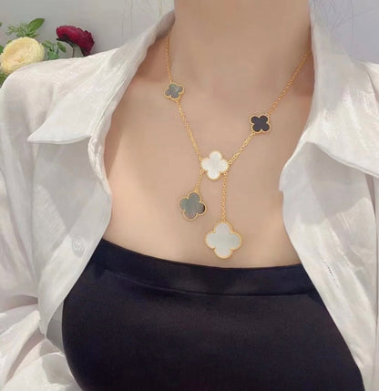 [⭐Luxery]CLOVER 6 MOTIF MOP ONYX GOLD NECKLACE