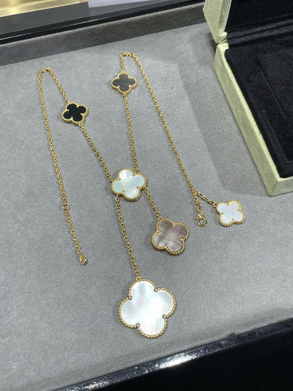 [⭐Luxery]CLOVER 6 MOTIF MOP ONYX GOLD NECKLACE