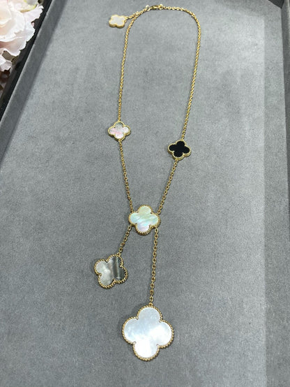 [⭐Luxery]CLOVER 6 MOTIF MOP ONYX GOLD NECKLACE
