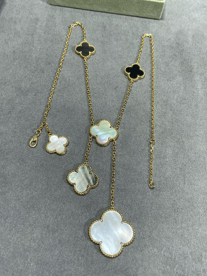 [⭐Luxery]CLOVER 6 MOTIF MOP ONYX GOLD NECKLACE