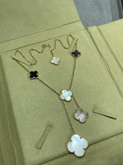[⭐Luxery]CLOVER 6 MOTIF MOP ONYX GOLD NECKLACE