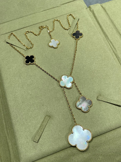 [⭐Luxery]CLOVER 6 MOTIF MOP ONYX GOLD NECKLACE