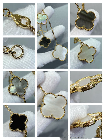 [⭐Luxery]CLOVER 6 MOTIF MOP ONYX GOLD NECKLACE
