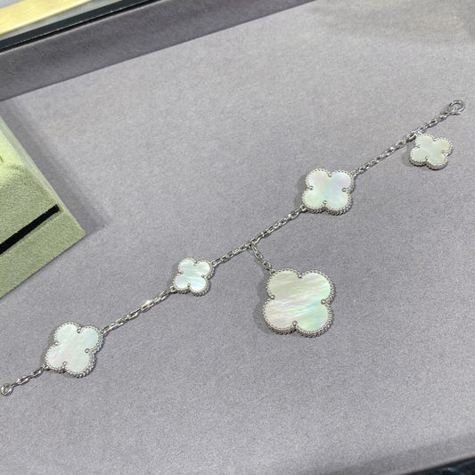 [⭐Luxery]CLOVER 5 MOTIF WHITE MOP SILVER BRACELET